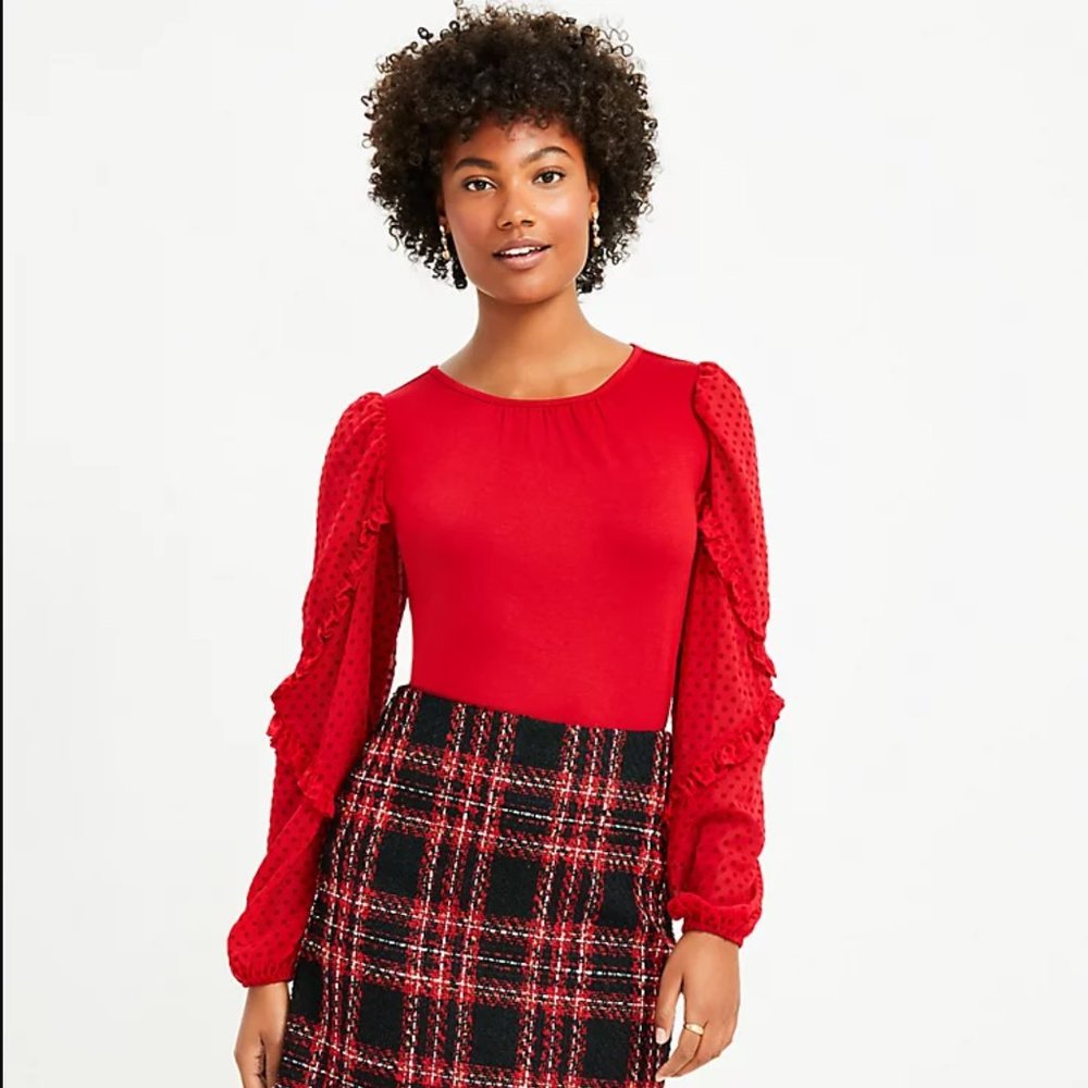 Loft Red Ruffle Sleeve Mixed Media Top